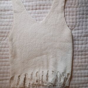 Women's Cream V-Neck Fringed Knit Tank Top